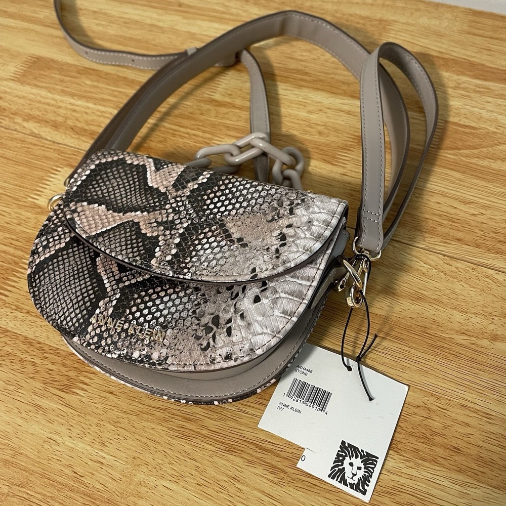 NWT Anne Klein Ivy resin chain mini saddle handbag stone-colored snake
